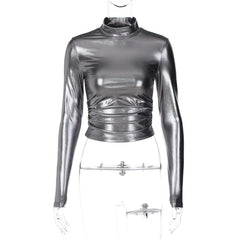 Lunivop Fashion Pu Long Sleeve Slim T-Shirt Sexy Casual Streetwear Party Club Vacation Daily Outfit Y2K Summer Women Clothes
