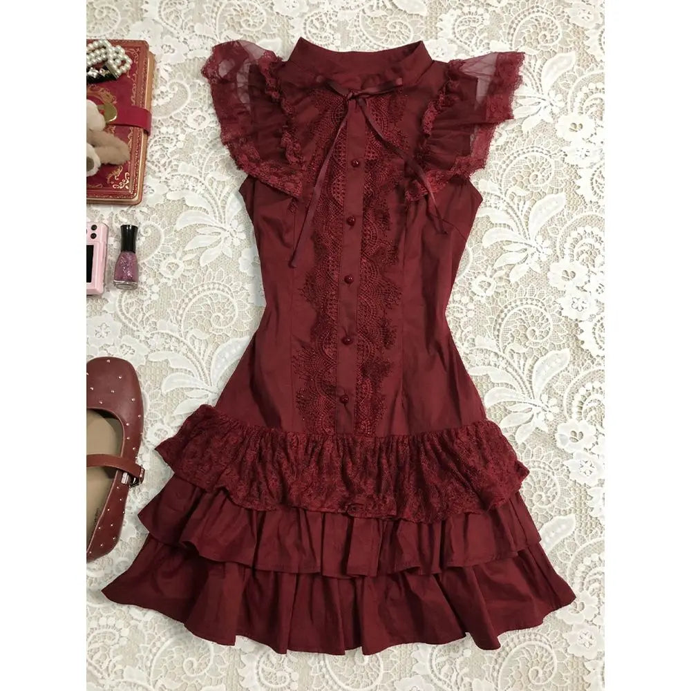 Lunivop  Vintage Classic Lolita Burgundy Lace Stand Collar Flutter Sleeve Short Dress Elegant Waist Fit Harajuku Summer Streetwear Outfit