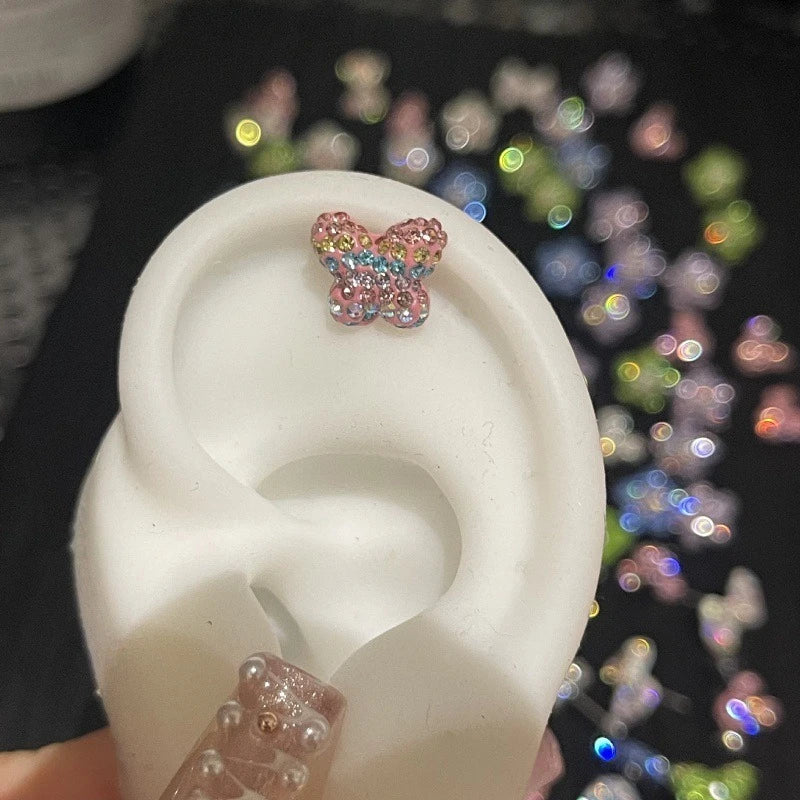 Lunivop 1PCS Cute Colorful Rhinestone Flower Love Heart Butterfly Stainless Steel Ear Bone Nail  Earrings for Women Cochlear Accessories