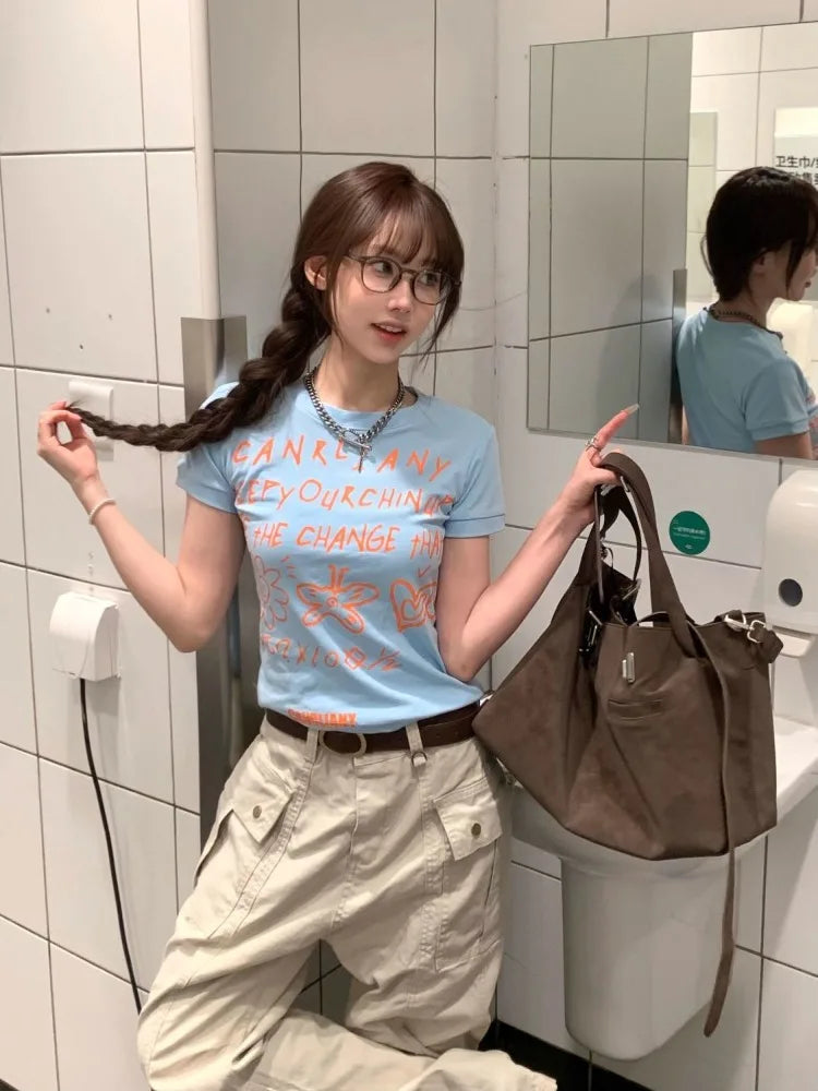 Lunivop  Women T Shirts Letter Printed Short Sleeve Slim O Neck Sexy Vintage Y2k Tops Fashion Ladies Tops Casual Streetwear