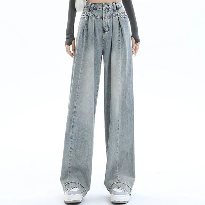 Lunivop  Women Korean Pleated Jeans Girls High Waist Washed Wide Leg Pants Lady Fashion Loose Retro Blue Light Blue Denim Trousers