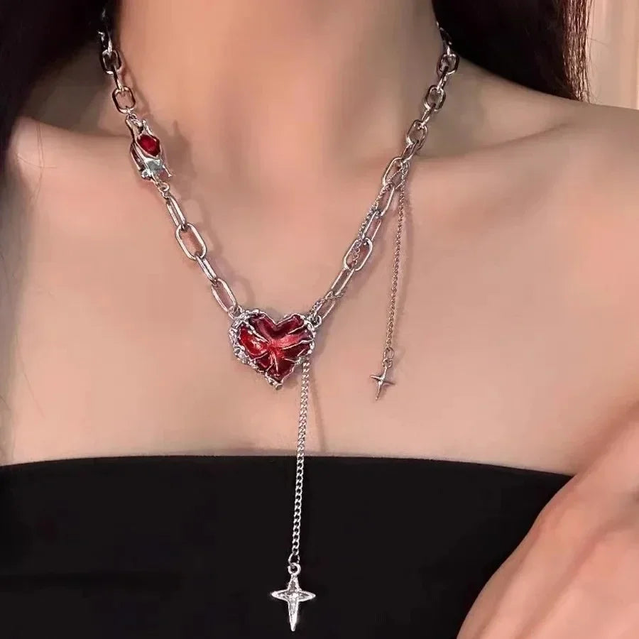 Lunivop Gothic Punk Red Peach Heart Star Pendant Beads Necklace Women Men Dark Love Ghost Claw Choker Vintage Y2K EMO Grunge Accessories