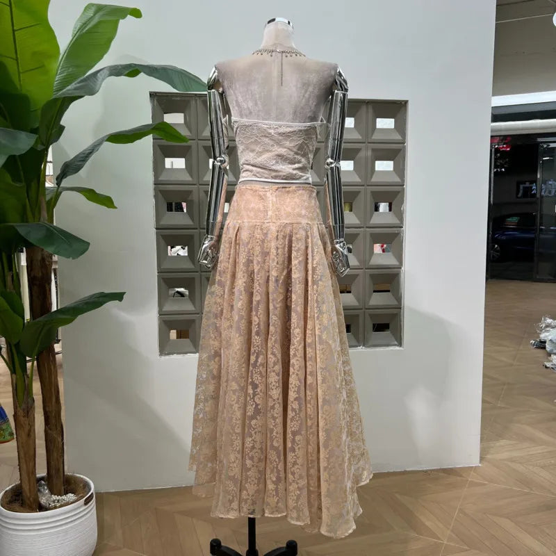 Lunivop  Fashion Lace 2 Piece Set Women's Strapless Fishbone Top High Waisted Jacquard Skirt 2025 Summer New Tide