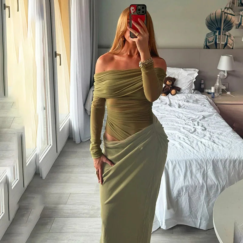 Lunivop Off Shoulder Long Dresses For Women See Through Mesh Spliced Black Dinner Dress Sexy Elegant Birthday Outfits