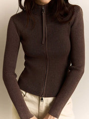 Lunivop  Zipper Slim Fit Stand Collar High Waist Trendy Long Sleeve Tops Spring New Women Clothing Knitted Tops Solid Color