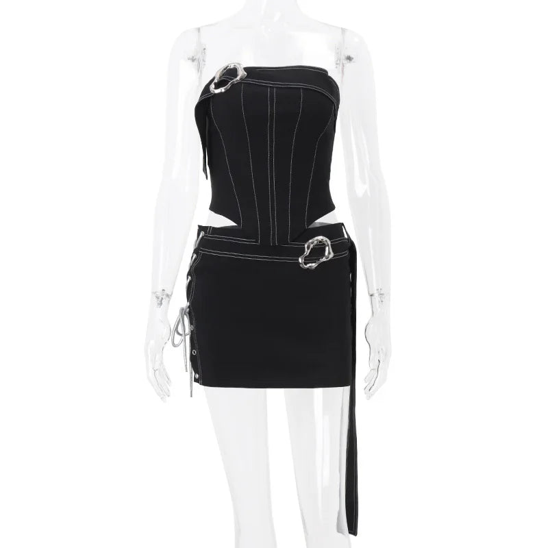Lunivop  Two-piece Trendy American Style Street Chic Matching Irregular Metal Decorative Outfit Strapless Zip Short Tube Top+Lacing Skirt