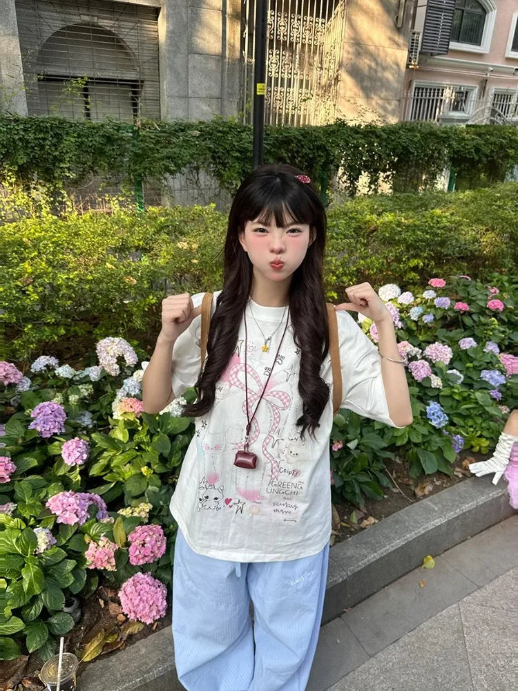 Lunivop  T Shirts Women Vintage Short Sleeve Loose Cartoon Printed O Neck Sweet Funny Tops Female Casual Tshirt 2025 Summer