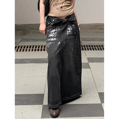 Lunivop Women's Autumn Hot Silver Denim A skirt High Waist Burr Edge Spliced Casual A-line Harajuku Korean Style Y2K Black Long skirt