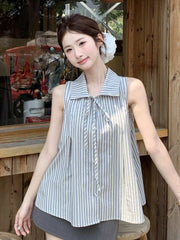 Lunivop  Sweet Sleeveless Striped Shirts Women Loose Sweet Vintage Lace Up Blouse French Elegant Casual Summer Female All Match Tops