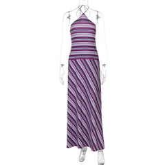 Lunivop  Women Striped Halter Slim Fit Maxi Dress Elegant Off-shoulder Backless High Waist Dresses Lady Daily Commute Street Wears