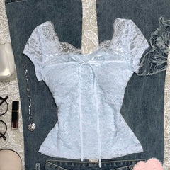 Lunivop  Summer Vintage Apricot Lace Blouse Women Elegant Sweet Bow Slim Fit Tops Female Retro Chic Y2K Fashion Casual Sweet Tees New