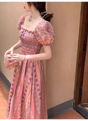 Lunivop  Elegant Vintage Floral Midi Dress Women Sweet Puff Sleeve Korean Slim Fairy Dress Female Summer Casual Evening Party Dress