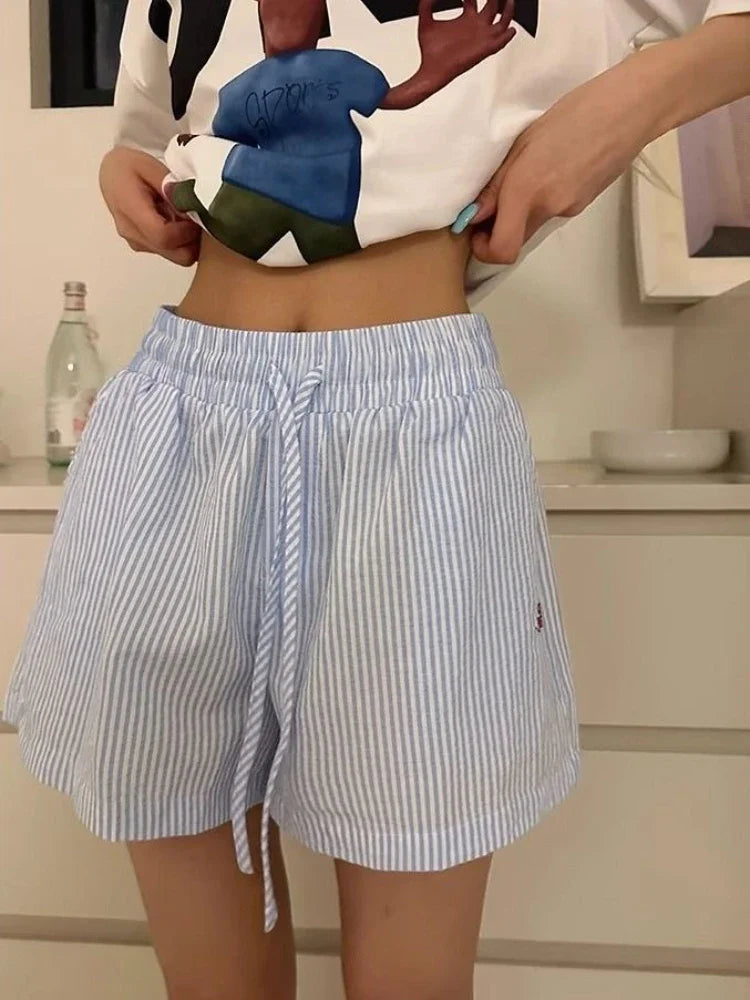 Lunivop  Y2k Striped Shorts for Women Harajuku Blue Baggy Elastic Waist Short Pants Korean Style Casual Fashion Retro Shorts