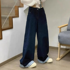 Lunivop  Fall Winter New Women's Wide Leg Floor Length Jeans Featuring Letter Embroidery Bow and Checkered Stitching
