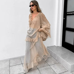 Lunivop Khaki Casual Loose Maxi Dress for Women Sexy See Through Bikini Cover Up Fashion Ruffle Long Sleeve Club Party Outfits 2024