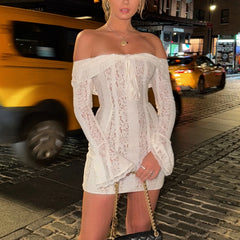Lunivop  Lace Slim Mini Dress for Women Off The Shoulder Sexy Long Sleeves Club Party Dresses Bodycon Elegant Autumn Dress