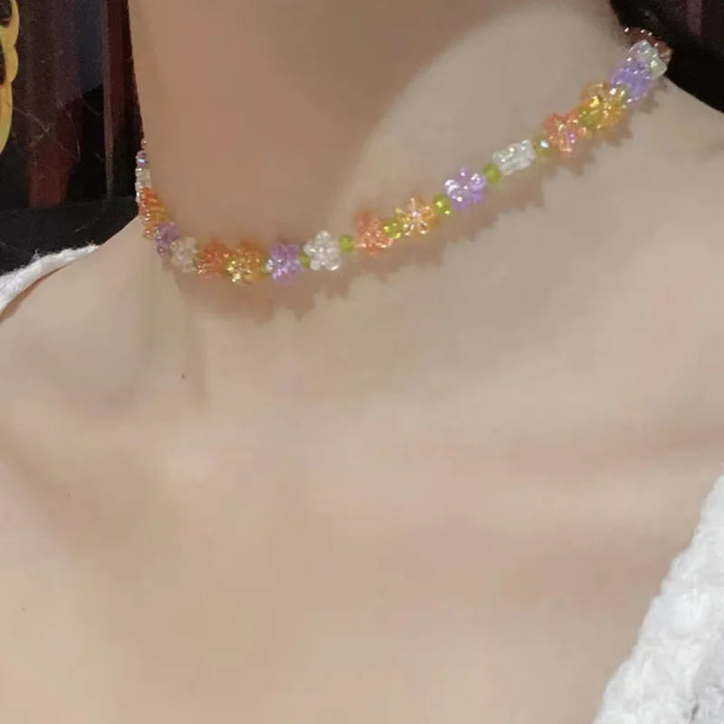 Lunivop New Korea Summer Lovely Colorful Flowers Daisy Transparent Crystal Beading Strand Short Choker Necklace for Women