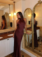 Lunivop  Elegant Brown Satin Halter Lace Up Long Dress Sexy Off Shoulder Backless Sleeveless Bodycon Dresses Autumn New Lady Party Robe