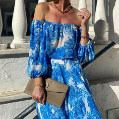 Lunivop   Summer Pattern Printed Dress Lady Sexy Off Shoulder Nine Points Sleeved Summer Casual Hollow Waist Party Dresses