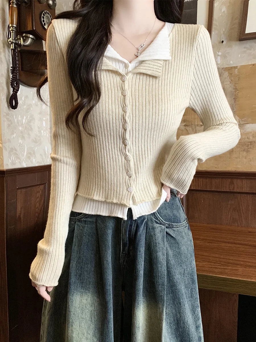 Lunivop V-neck Fake Two Long-sleeved Short Slim Early Autumn Sweaters with Bottoming Shirts in 2025