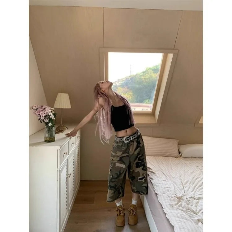 Lunivop  American Vintage Hole Camouflage Shorts 2025 Summer Casual Calf- Length Pants Straight Loose Wide Leg Jeans for Women
