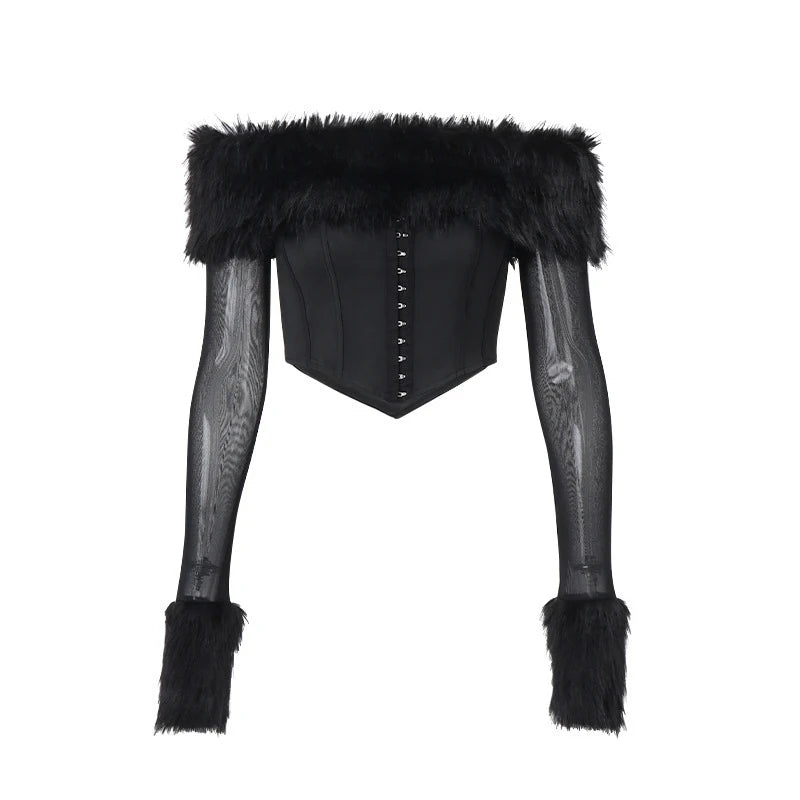 Lunivop  BKLD Sexy Y2K Hottie Faux Fur Patchwork Slash Neck Long-sleeved Open Back Bodycon Single-breasted Corset Cropped Tops Streetwear