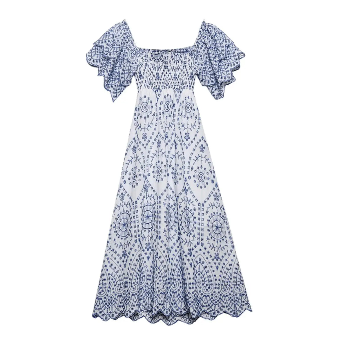 Lunivop  Women Ruffles Flare Sleeve Midi Holiday Dresses BOHO Summer Blue White Floral Embroidery Hollow Out hole Slit Backless Dress