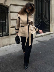 Lunivop  Women's Long Sleeve Thicken Woolen Coat Casual Autumn Jacket with Belt Pockets Spliced Contrast Design for Commuter Outwear