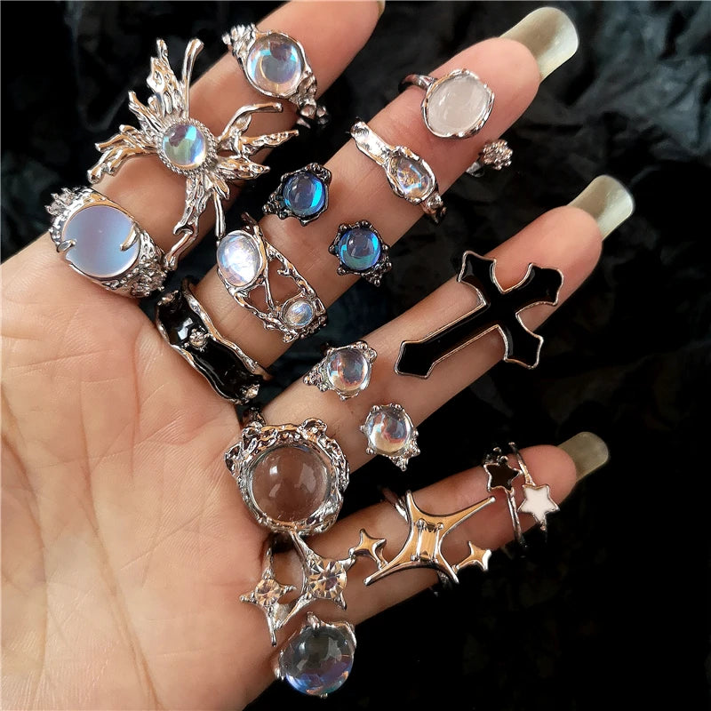 Lunivop Punk Hip Hop Moonlight Stone Crystal Star Cross Ring Women Men Vintage Goth Cool Aesthetic Kpop Grunge Y2K EMO Jewely Accessory