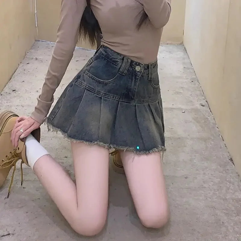 Lunivop Vintage Denim Skirt Women Pleated Sexy Short Skirts Retro Korean Fashion Aesthetics Casual A-line Streetwear Jean Skirt