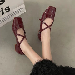 Lunivop Fashion Medium Heeled Mary Jane Single Shoes for Women Retro Thick Heel Ballet Shoes Cross Buckle Shallow SoftSole Shoe