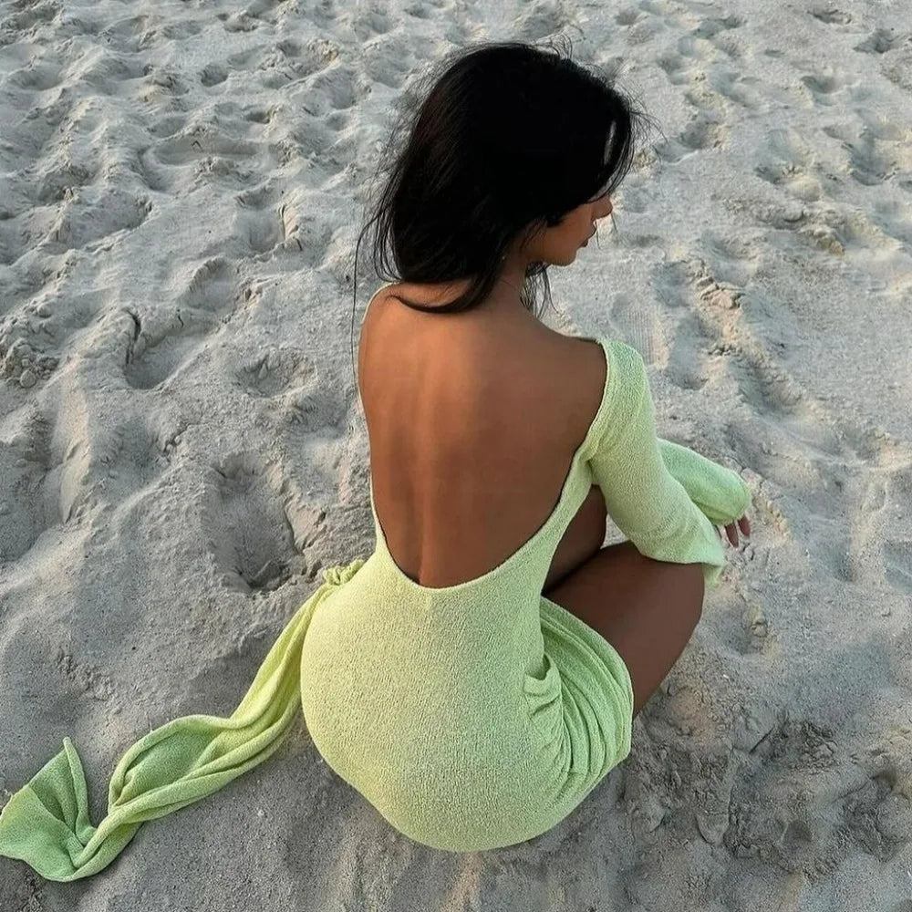 Lunivop Knitted Mini Beach Dress Women Sexy Backless Slim Holiday Outfits Autumn Winter Elegant Long Sleeve Solid Party Dress 2024