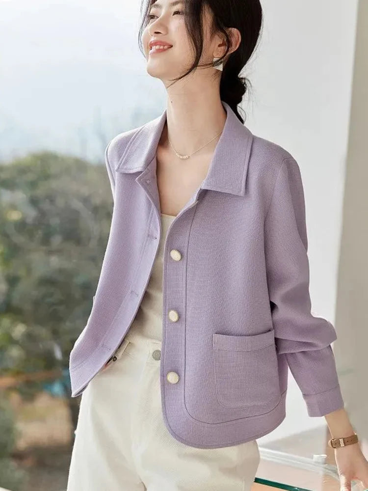 Lunivop Elegant Slim Purple Jacket Women Sweet Long Sleeve Small Fragrance Coat Casual Fall Winter Lady French Pockets Fashion Tops