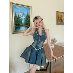 Lunivop  Y2k Vintage Blue Vest Dress for Women Lace Patchwork Halter Camisole Dresses Summer New Slim Waist Vestidos Mujer