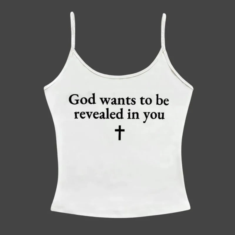 Lunivop God Wants To Be Revealed In You Print Sexy Sleeveless Backless Crop Top Camisole