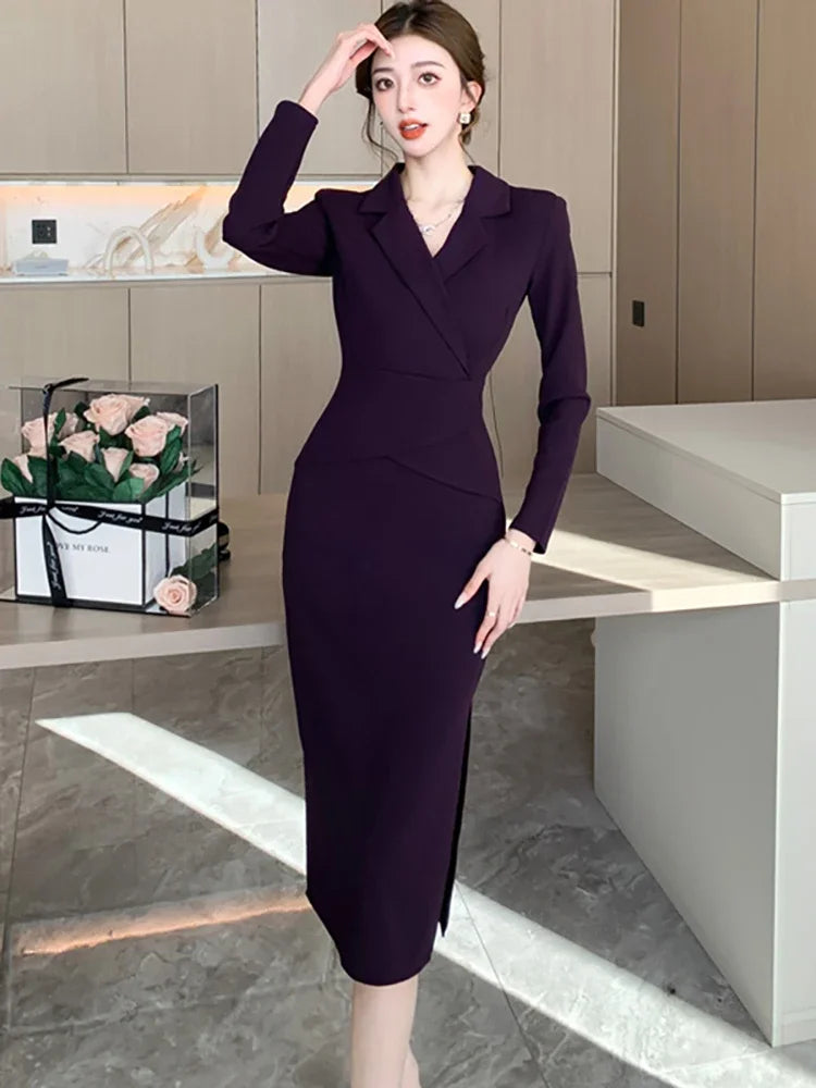 Lunivop  Black Long Sleeve Bodycon Office Lady Dress Autumn Winter Solid Patchowrk Fake Two Piece Dress Korean Elegant Women's Dress