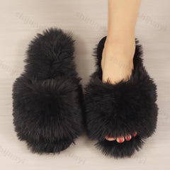 Lunivop New Women Designer Fur Slides Slippers Open Toe Slip on Flat Indoor Plush Slippers Home Bedroom Fuzzy Casual Outdoor Comfy Flats