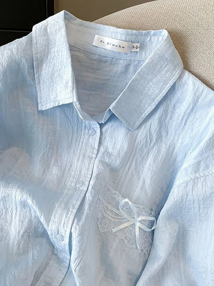 Lunivop  Blue Sweet Sun Proof Shirt Women Lace Patchwork Bow Korean Blouse Loose Fashion Long Sleeve Elegant Female Casual Cute Tops