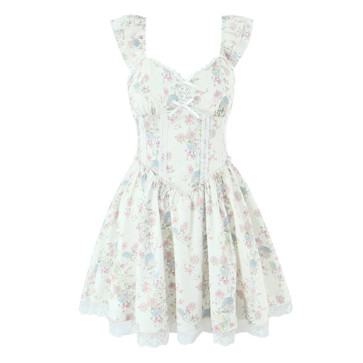Lunivop  French Style Floral Print Mini Summer Dress Women Flying Sleeves V Neck Lace Spliced A-line Dresses Party Robe Vestidos