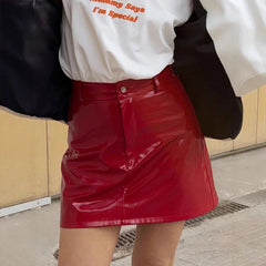 Lunivop  Cute Red PU Leather Mini Skirt Fashion Simple High-waisted Button Zipper Pencil Half Skirt Street Party Outfit Bottoms For Women