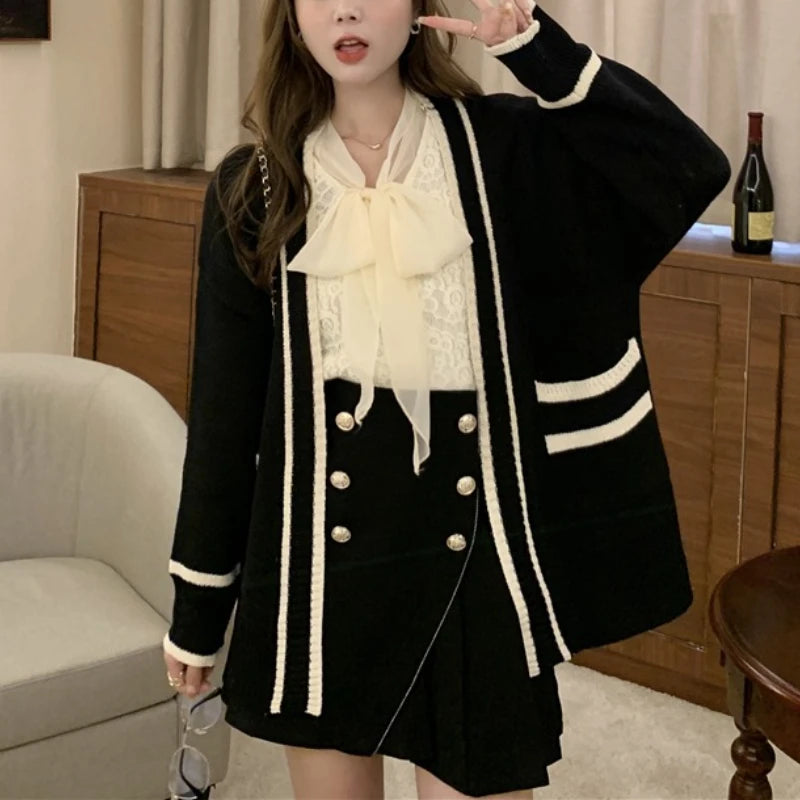 Lunivop Varsity Cardigan Sweater for Women Open Front Slouchy Knitted Sweater Jacket Cardi Collaege Student Girl Fall Winter Outfit
