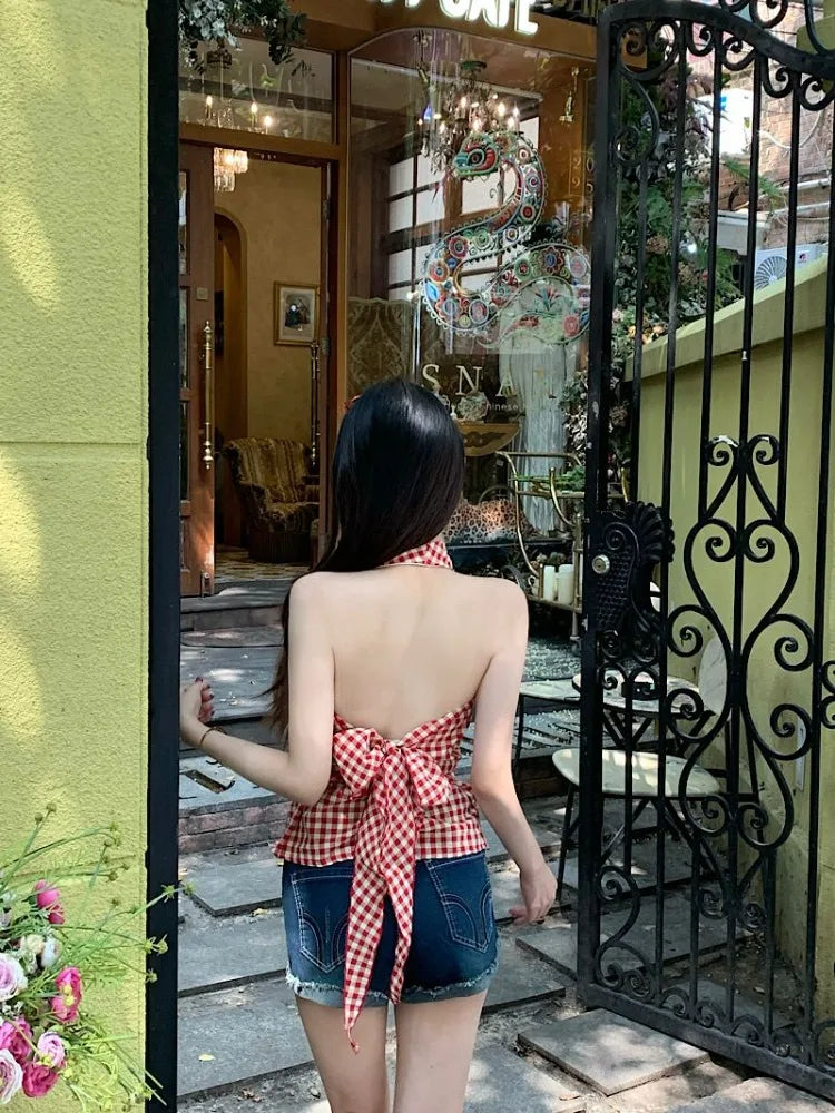 Lunivop  Camis Women Plaid Sleeveless Halter Ruffles Bandage Backless Slim Vintage Sweet Casual Sexy Tank Tops Female Summer