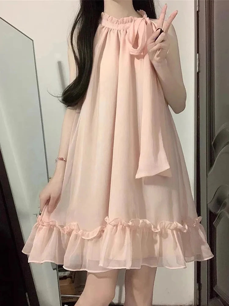 Lunivop  Pink Beach Mini Dress Women Sweet Bow Fashion Casual Korean Sexy Halter Dress Summer Chic Loose Female Elegant Dress New