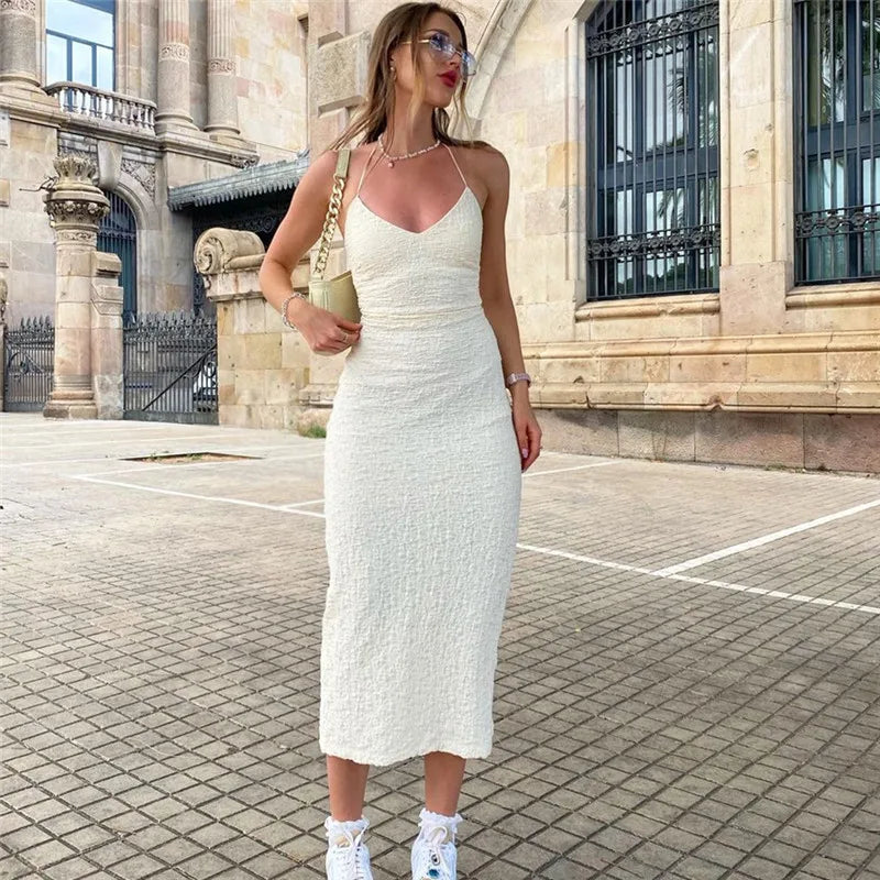 Lunivop   Elegant Strapless Halter Dress Women Sexy Low-cut Backless Texture Dresses Summer Y2K Slim Bandage Streetwear Robe