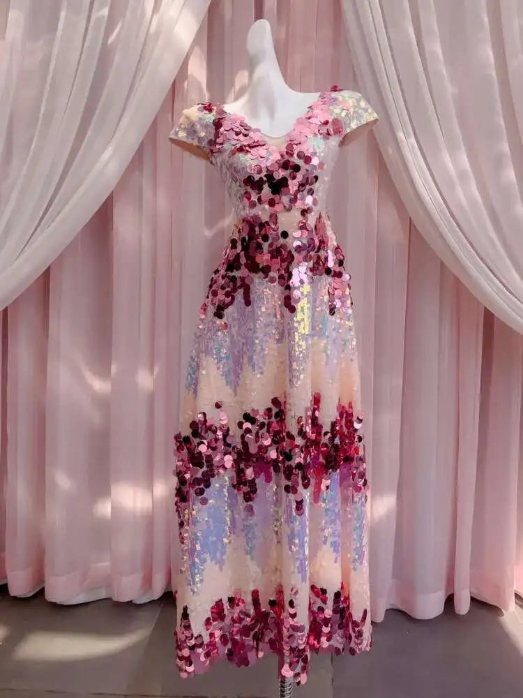 Lunivop Color Block Mesh Sequin Design Long Dresses For Women V Neck Short Sleeve Elegant Dress Female Summer 2025 New