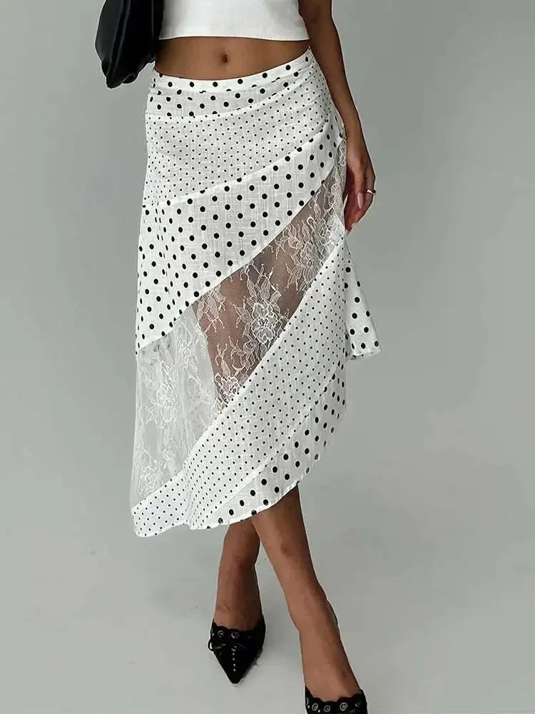 Lunivop  Fantoye Patchwork Print Polka Dot See Through Lace Women Skirt White High Waist Long Skirt Female Summer Slim Casual Streetwear