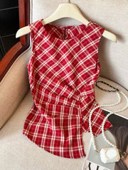 Lunivop  Retro Women Red Plaid Tanks Casual O Neck Slim Korean Vintage Tanks Summer Sleeveless Irregular Female Design Simple Tops