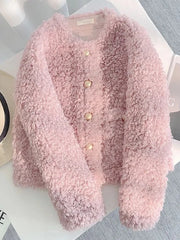 Lunivop Sweet Pink Faux Lamb Coat Women Cute Slim Long Sleeve Vintage Jacket Winter Warm O Neck Elegant Korean Female Casual Tops
