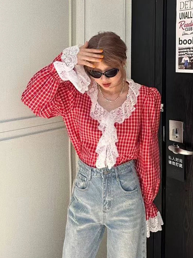 Lunivop   Vintage Ruffles Plaid Shirt Women Elegant Lace Patchwork V Neck Blouse French Sweet Long Sleeve Retro Design Casual Tops