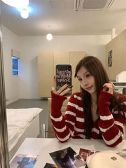 Lunivop Christmas Style Red Pullovers Women V Neck Striped Korean Vintage Harajuku Loose Sweaters Y2k Sueter Mujer Sweet Knitted